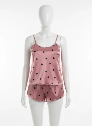 Pyjama satin polyester ensemble caraco short femme imprimé romantique - Vue 1 - Pyjama satin