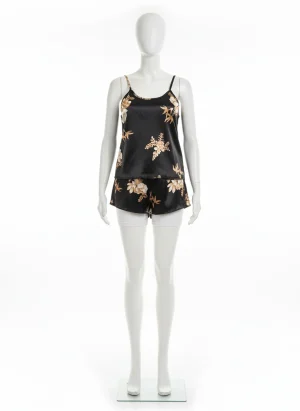 Pyjama satin polyester ensemble court caraco motifs floraux - Vue 1 - Pyjama satin