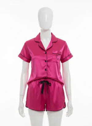 Pyjama satin polyester ensemble court femme brodé chic - Vue 1 - Pyjama satin