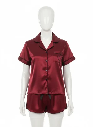Pyjama satin polyester ensemble short brodé femme - Vue 1 - Pyjama satin