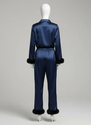 Pyjama satin polyester femme ensemble long détails fausse fourrure - Vue 1 - Pyjama satin