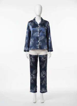 Pyjama satin polyester femme ensemble long brodé - Vue 1 - Pyjama satin