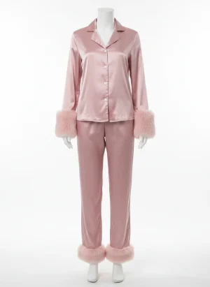 Pyjama satin polyester femme ensemble long coupe classique - Vue 1 - Pyjama satin