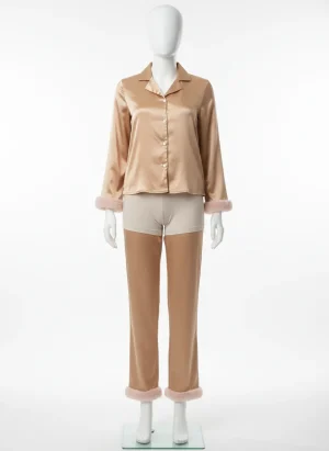 Pyjama satin polyester femme ensemble pantalon bordure pelucheuse - Vue 1 - Pyjama satin