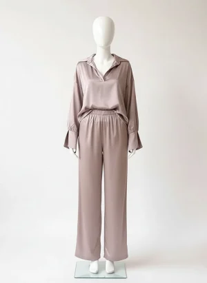 Pyjama satin polyester femme ensemble pantalon fluide brillant - Vue 1 - Pyjama satin