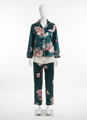 Pyjama satin polyester femme imprimé floral sophistiqué - Vue 1 - Pyjama satin