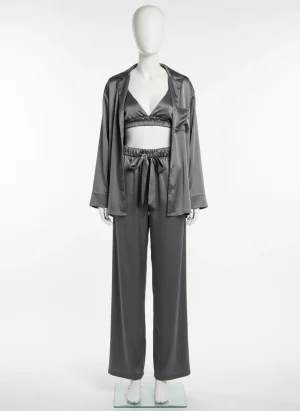 Pyjama satin polyester trois pièces femme élégant - Vue 1 - Pyjama satin